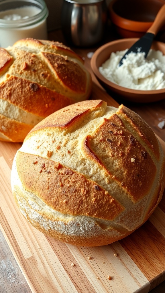 Classic Sourdough Bread Recipe for 2 Loaves Two loaves of golden-brown sourdough bread on a wooden board with a rustic appearance.